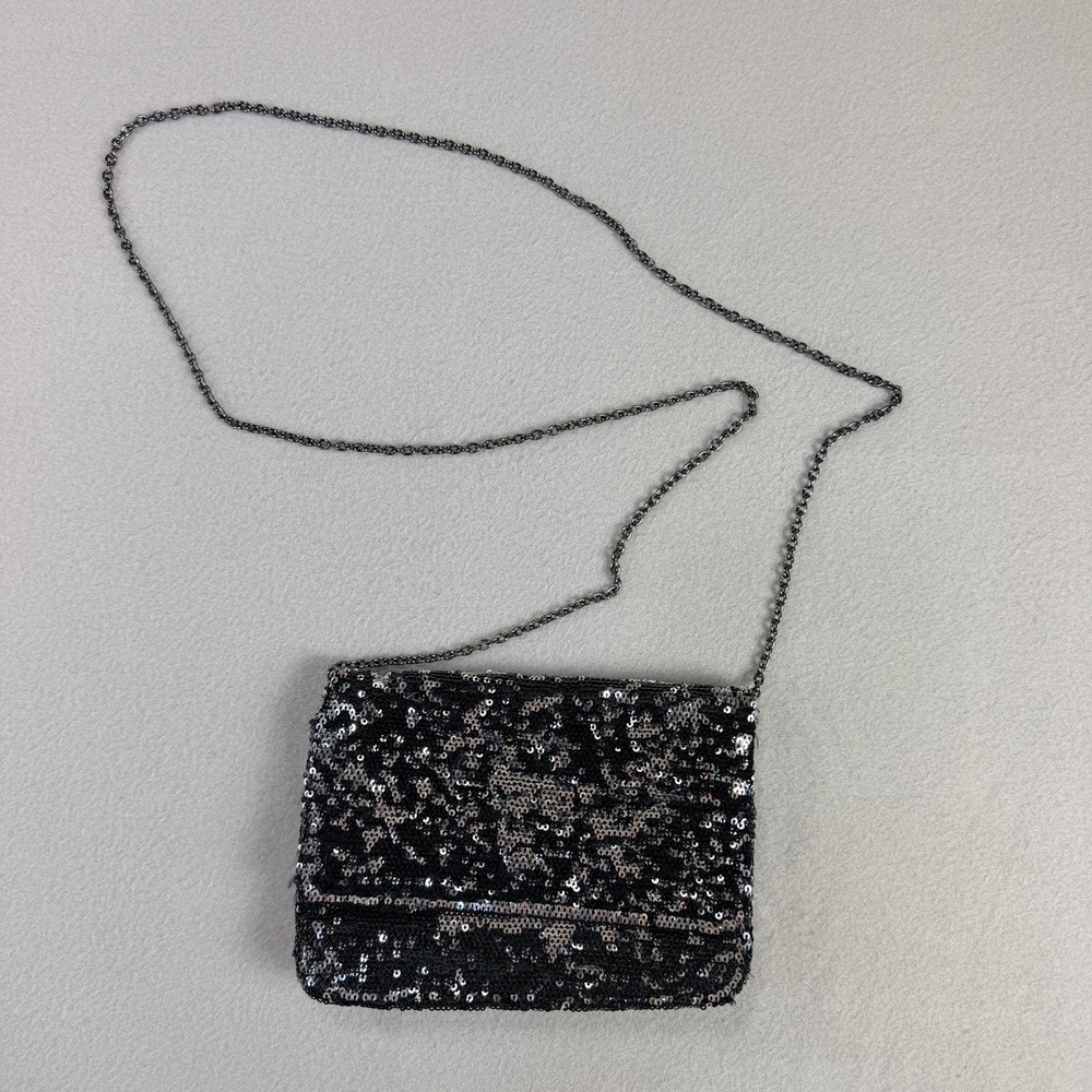 Steve Madden Black Silver Sequin Crossbody Bag Chain Strap Evening Clutch
